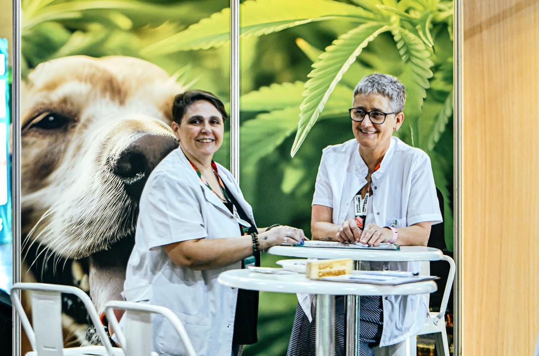 Veterinario brindando consulta sobre uso de cannabis en mascotas en Expo Cannabis